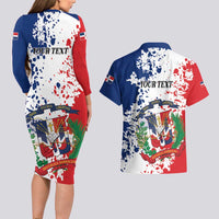 Personalized Dominican Republic Restoration Day Couples Matching Long Sleeve Bodycon Dress and Hawaiian Shirt Coat Of Arms Flag Colors - Wonder Print Shop