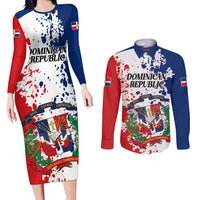Personalized Dominican Republic Restoration Day Couples Matching Long Sleeve Bodycon Dress and Long Sleeve Button Shirt Coat Of Arms Flag Colors - Wonder Print Shop