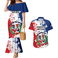 Personalized Dominican Republic Restoration Day Couples Matching Mermaid Dress and Hawaiian Shirt Coat Of Arms Flag Colors - Wonder Print Shop
