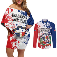 Personalized Dominican Republic Restoration Day Couples Matching Off Shoulder Short Dress and Long Sleeve Button Shirt Coat Of Arms Flag Colors - Wonder Print Shop