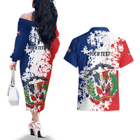Personalized Dominican Republic Restoration Day Couples Matching Off The Shoulder Long Sleeve Dress and Hawaiian Shirt Coat Of Arms Flag Colors - Wonder Print Shop