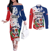 Personalized Dominican Republic Restoration Day Couples Matching Off The Shoulder Long Sleeve Dress and Long Sleeve Button Shirt Coat Of Arms Flag Colors - Wonder Print Shop