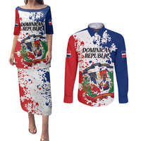 Personalized Dominican Republic Restoration Day Couples Matching Puletasi and Long Sleeve Button Shirt Coat Of Arms Flag Colors - Wonder Print Shop