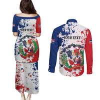 Personalized Dominican Republic Restoration Day Couples Matching Puletasi and Long Sleeve Button Shirt Coat Of Arms Flag Colors - Wonder Print Shop