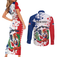 Personalized Dominican Republic Restoration Day Couples Matching Short Sleeve Bodycon Dress and Long Sleeve Button Shirt Coat Of Arms Flag Colors - Wonder Print Shop