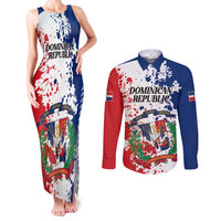 Personalized Dominican Republic Restoration Day Couples Matching Tank Maxi Dress and Long Sleeve Button Shirt Coat Of Arms Flag Colors - Wonder Print Shop