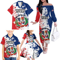 Personalized Dominican Republic Restoration Day Family Matching Off The Shoulder Long Sleeve Dress and Hawaiian Shirt Coat Of Arms Flag Colors - Wonder Print Shop