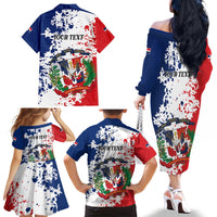 Personalized Dominican Republic Restoration Day Family Matching Off The Shoulder Long Sleeve Dress and Hawaiian Shirt Coat Of Arms Flag Colors - Wonder Print Shop