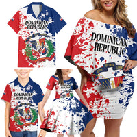 Personalized Dominican Republic Restoration Day Family Matching Off Shoulder Short Dress and Hawaiian Shirt Coat Of Arms Flag Colors - Wonder Print Shop
