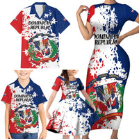 Personalized Dominican Republic Restoration Day Family Matching Short Sleeve Bodycon Dress and Hawaiian Shirt Coat Of Arms Flag Colors - Wonder Print Shop