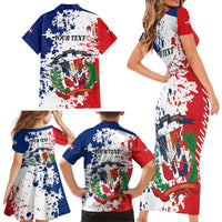 Personalized Dominican Republic Restoration Day Family Matching Short Sleeve Bodycon Dress and Hawaiian Shirt Coat Of Arms Flag Colors - Wonder Print Shop