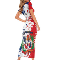 Personalized Dominican Republic Restoration Day Family Matching Short Sleeve Bodycon Dress and Hawaiian Shirt Coat Of Arms Flag Colors - Wonder Print Shop