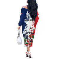 Personalized Dominican Republic Restoration Day Off The Shoulder Long Sleeve Dress Coat Of Arms Flag Colors - Wonder Print Shop