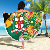 Jamaica Pineapple Beach Blanket Coat of Arms Tropical Flowers