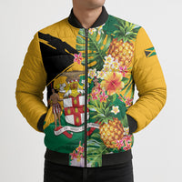Personalized Jamaica Pineapple Bomber Puffer Jacket Coat of Arms Tropical Flowers