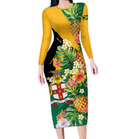Personalized Jamaica Pineapple Long Sleeve Bodycon Dress Coat of Arms Tropical Flowers