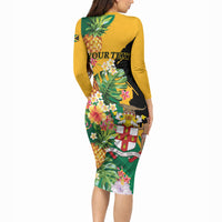 Personalized Jamaica Pineapple Long Sleeve Bodycon Dress Coat of Arms Tropical Flowers