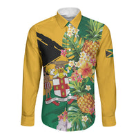 Personalized Jamaica Pineapple Long Sleeve Button Shirt Coat of Arms Tropical Flowers