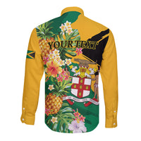 Personalized Jamaica Pineapple Long Sleeve Button Shirt Coat of Arms Tropical Flowers