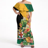 Personalized Jamaica Pineapple Off Shoulder Maxi Dress Coat of Arms Tropical Flowers