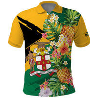 Personalized Jamaica Pineapple Polo Shirt Coat of Arms Tropical Flowers