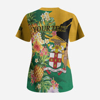 Personalized Jamaica Pineapple Scrub Top Coat of Arms Tropical Flowers