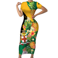 Personalized Jamaica Pineapple Short Sleeve Bodycon Dress Coat of Arms Tropical Flowers