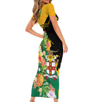 Personalized Jamaica Pineapple Short Sleeve Bodycon Dress Coat of Arms Tropical Flowers