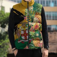 Personalized Jamaica Pineapple Sleeveless Puffer Jacket Coat of Arms Tropical Flowers
