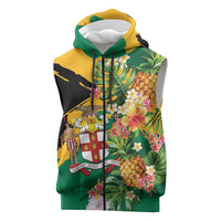 Personalized Jamaica Pineapple Sleeveless Zip Hoodie Coat of Arms Tropical Flowers