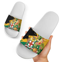Jamaica Pineapple Slide Sandals Coat of Arms Tropical Flowers