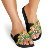 Jamaica Pineapple Slide Sandals Coat of Arms Tropical Flowers