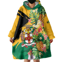 Personalized Jamaica Pineapple Wearable Blanket Hoodie Coat of Arms Tropical Flowers