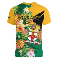 Personalized Jamaica Pineapple Women V-Neck T-Shirt Coat of Arms Tropical Flowers