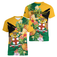 Personalized Jamaica Pineapple Women V-Neck T-Shirt Coat of Arms Tropical Flowers