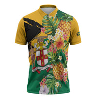 Personalized Jamaica Pineapple Zipper Polo Shirt Coat of Arms Tropical Flowers