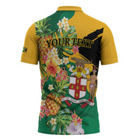 Personalized Jamaica Pineapple Zipper Polo Shirt Coat of Arms Tropical Flowers