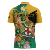 Personalized Jamaica Pineapple Zipper Polo Shirt Coat of Arms Tropical Flowers