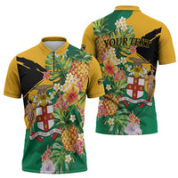 Personalized Jamaica Pineapple Zipper Polo Shirt Coat of Arms Tropical Flowers
