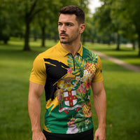 Personalized Jamaica Pineapple Zipper Polo Shirt Coat of Arms Tropical Flowers