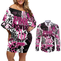 Personalized Pink Power Graffiti Couples Matching Off Shoulder Short Dress and Long Sleeve Button Shirt Breast Cancer Awareness - Wonder Print Shop