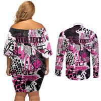 Personalized Pink Power Graffiti Couples Matching Off Shoulder Short Dress and Long Sleeve Button Shirt Breast Cancer Awareness - Wonder Print Shop