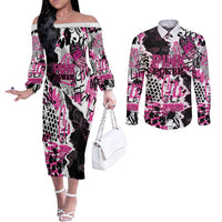 Personalized Pink Power Graffiti Couples Matching Off The Shoulder Long Sleeve Dress and Long Sleeve Button Shirt Breast Cancer Awareness - Wonder Print Shop