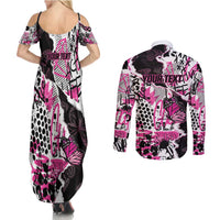 Personalized Pink Power Graffiti Couples Matching Summer Maxi Dress and Long Sleeve Button Shirt Breast Cancer Awareness - Wonder Print Shop