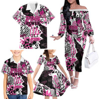 Personalized Pink Power Graffiti Family Matching Off The Shoulder Long Sleeve Dress and Hawaiian Shirt Breast Cancer Awareness - Wonder Print Shop