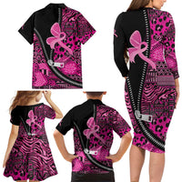 Pink Ribbon Animals Skin African Mixed Family Matching Long Sleeve Bodycon Dress and Hawaiian Shirt Zipper Stylized - Wonder Print Shop
