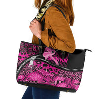 Pink Ribbon Animals Skin African Mixed Leather Tote Bag Zipper Stylized - Wonder Print Shop