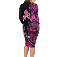Pink Ribbon Animals Skin African Mixed Long Sleeve Bodycon Dress Zipper Stylized - Wonder Print Shop