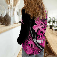 Pink Ribbon Animals Skin African Mixed Women Casual Shirt Zipper Stylized - Wonder Print Shop