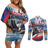Personalized Chile Independence Day 18th September Couples Matching Off Shoulder Short Dress and Long Sleeve Button Shirt Andean Condor Flying - Wonder Print Shop